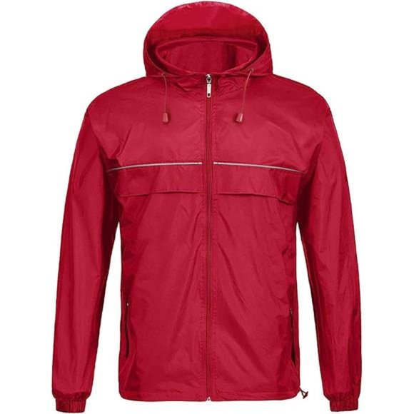 Waterproof Windbreaker Rain Jacket Lightweight Hooded Raincoat, Red